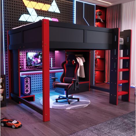 Letto a soppalco gaming 140x200 cm nero e rosso in pino con scrivania, armadio, ripiani e illuminazione RGB (1/5)