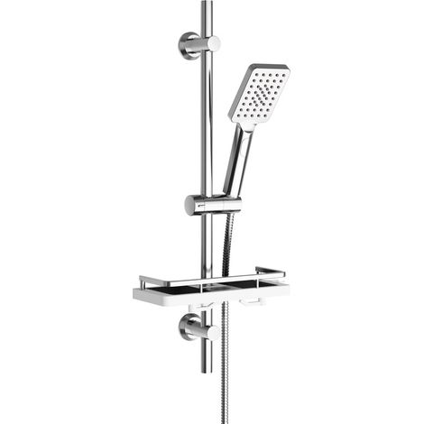 Görbach Barre de douche inox 70 cm avec tablette de douche intégrée, douchette 3 jets et flexible, ensemble de douche chromé (1/5)