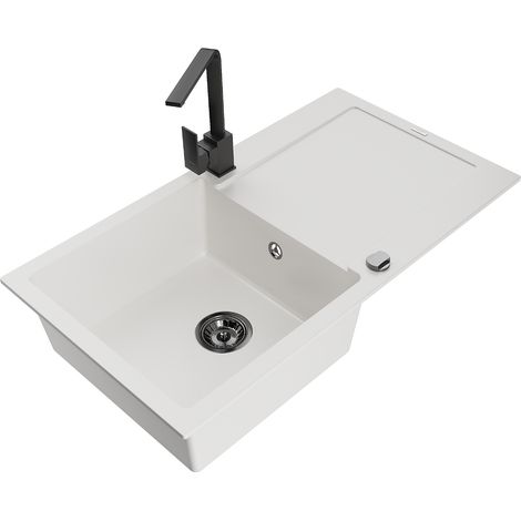Mexen Leo lavello da cucina in granito a 1 vasca con sgocciolatoio e miscelatore da cucina Rita, bianco - 6501-20-670300-70 (1/5)