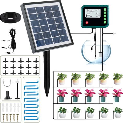 Solar Automatic Irrigation System with LED Display, Automatic Drip Watering System with 880 Timer Modes and 15m Hose for Garden, Balcony and Outdoor Potted Plants (1/5)