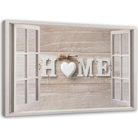 Tableau sur toile, Inscription Maison sur bois clair dans la fenêtre - 60x40 (1/6)