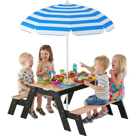 Table de pique-nique enfants avec parasol, 3 en 1 salon de jardin en bois pour enfants 3-6 ans avec 2 boîtes, naturel