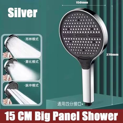 Pommeau de douche noir à grand débit et haute pression (Silver-b) 15 cm, 4 modes de pression, accessoire de salle de bain avec jet massant et large buse de massage. (1/5)