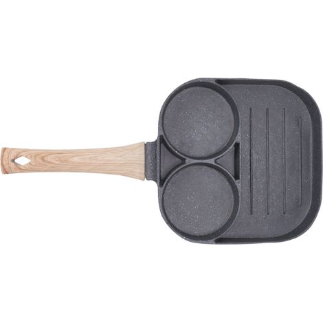 Poêle à œufs 2 emplacements ronds 3 compartiments antiadhésif poignée bois cuisson petit-déjeuner pour gaz induction (1/5)