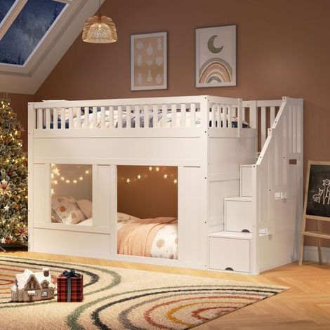 Lit Superposé Enfant 90 x 200 cm escalier de rangement blanc