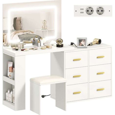Coiffeuse avec miroir et tabouret, table de maquillage avec éclairage LED réglable, 6 tiroirs, 118 x 78 x 135 cm, blanc