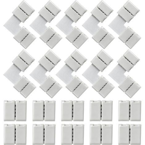 20 Pièces Kit Connecteurs Ruban LED 4 Broches 10 mm RGB 5050 Raccord Bande LED Sans Soudure 10x L Forme 10x Droit Extension Câble Lumière de et 10 (1/4)