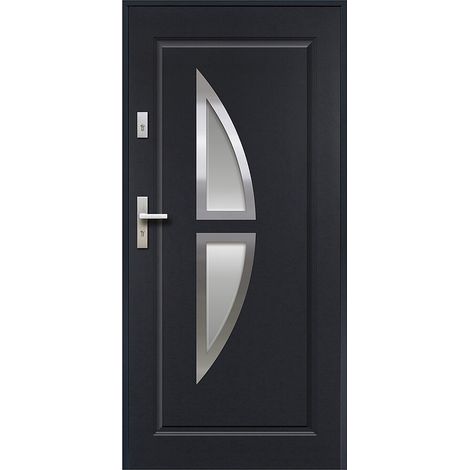 Vente-Unique – Porte d'entrée acier vitrée 207 x 100 cm – Poussant droit – 2 points de verrou – Verre trempé – Anthracite – Fabriqué en Europe