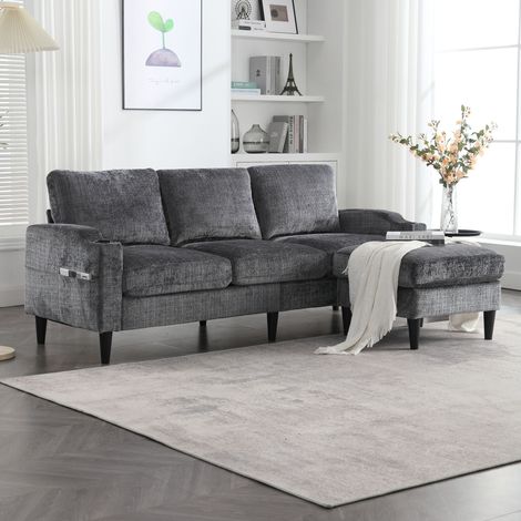 Canapé élégant 4 places avec pouf et rangement – accoudoirs confortables, porte-gobelets, poches latérales et pieds en plastique robustes, revêtement en velours doux pour la peau (1/5)