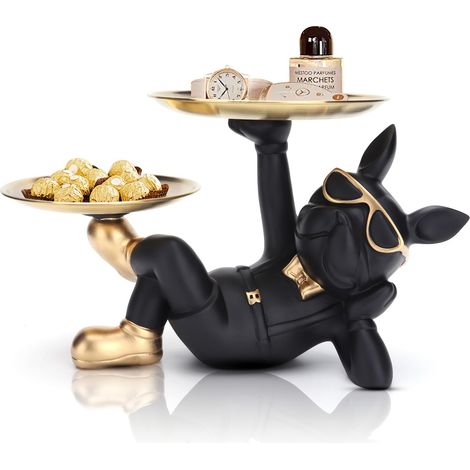 Bouledogue Français Statue avec 2 Plateaux, Bouledogue Français en Résine Bas Antidérapant, Bouledogue Français Chien Statue pour Conteneur Clé Bonbons Organisateur Décoration De Table (1/5)
