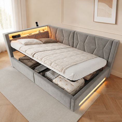 Letto imbottito 140x200 cm con contenitore, velluto, LED, USB e Type-C, grigio scuro (1/5)