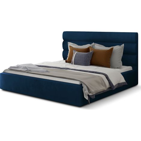 Lit adulte avec coffre de rangement Klarina - Velours rembourré-Bleu foncé-160x200 (1/5)