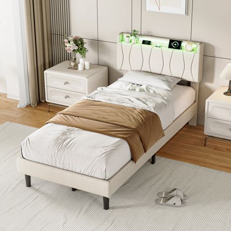 Lit 1 Personne 90x200 cm Beige en Lin - Tête de Lit avec LED Intégrée et Port USB - Lit simple avec sommier - pour Chambre Moderne (1/5)