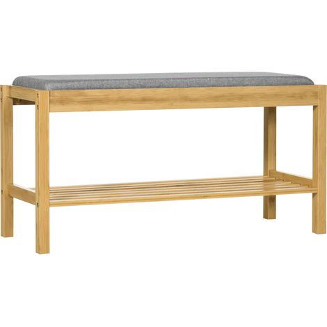 Banc à chaussures bambou naturel, assise rembourrée, rangement 3 paires, étagère à lattes 90x30x46 cm (1/5)
