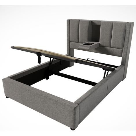Lit capitonné simple 90x200 avec porte-gobelet caché et station charge, lit hydraulique rangement sous lit, sommier inclus, lin gris, matelas non inclus, gain de place (1/5)