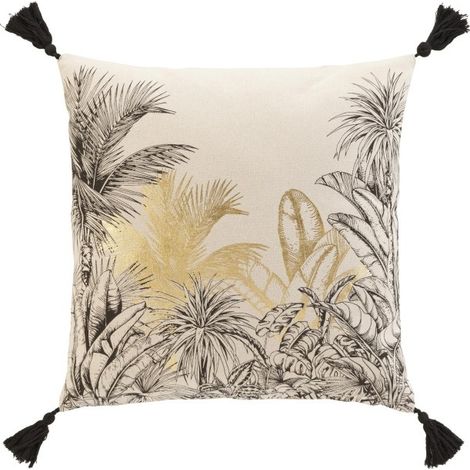 Coussin dehous. compr. pompons 45x45 cm coton/polyester imp. metal. papaya des p Sans (1/3)