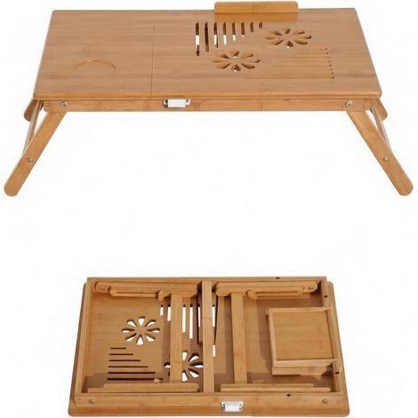 Verstellbarer Klapptisch fürs Bett aus Naturbambus 55 x 35 x 22-32,5 cm mit Schublade MODENUIT (1/5)