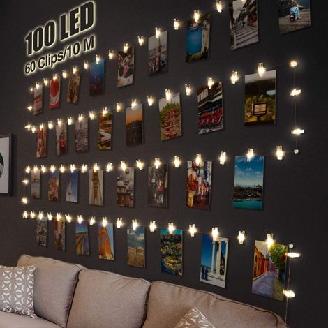 Luci decorative per foto, 10 m, 100 LED, alimentazione a batteria, porta foto con 60 clip, decorazione per interni, esposizione di foto in camera da letto - Bianco caldo