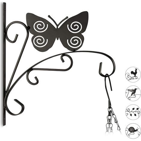 Crochet mural pour plantes papillon suspensions pot de fleurs en métal décoration de jardin HxlxP 30 x 27.5 x 2 cm, noir (1/5)