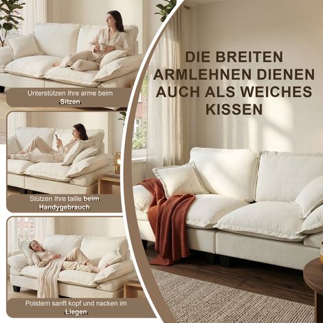 Canapé d’angle nuage en L avec ottoman mobile et coussins doux. Housse en chenille confortable pour salon et appartements modernes beige.