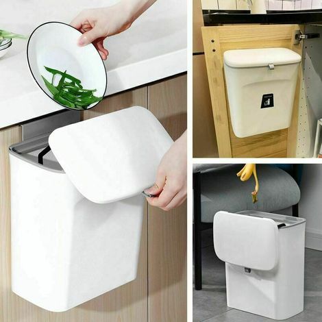 Sealed Indoor Kitchen Compost Bin with Lid for Food Waste, Small Kitchen Trash Can with Lid, Hanging Bin for Kitchen Cabinet Door or Under Sink, 9L White (1/5)