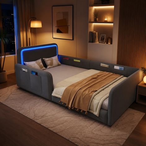 Lit simple capitonné Lit ado 90x200cm avec tête de lit LED,poches de rangement intégrées, revêtement velours,gris (1/5)