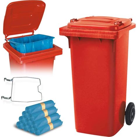 BRB 120 Liter Mülltonne mit Halter für Müllsäcke, inkl. 250 Müllsäcke (rot)