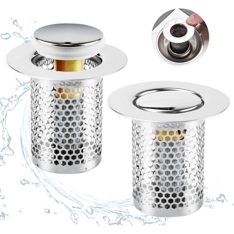 Set di 2 filtri di scarico, filtro per lavello da cucina, filtro per scarico a pavimento in acciaio inox da 33 x 50 mm, tappo di scarico pop-up universale, per cucina, bagno, vasca da bagno (1/5)