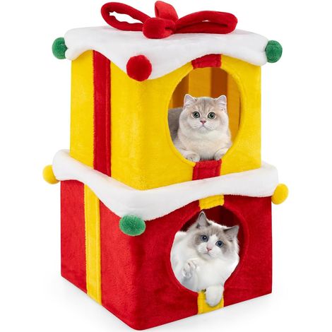 COSTWAY Set 2 Cuccia Cane Interno a 2 Piani, Tiragraffi per Gatto a Forma di Scatola di Natale in Tessuto e MDF, Lettino Gatto Interno per Inverno, Rosso e Giallo (1/5)