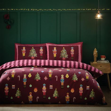 Parure de lit réversible avec Housse de Couette et taies d'oreiller Motif Rayures Casse-Noisette de Noël Prune (1/5)