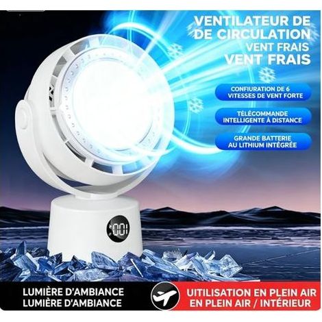 Ventilateur de bureau, Ventilateur sans pales oscillant silencieux avec batterie rechargeable, éclairage LED, 6 vitesses, Petit ventilateur circulateur d'air pour intérieur (1/4)