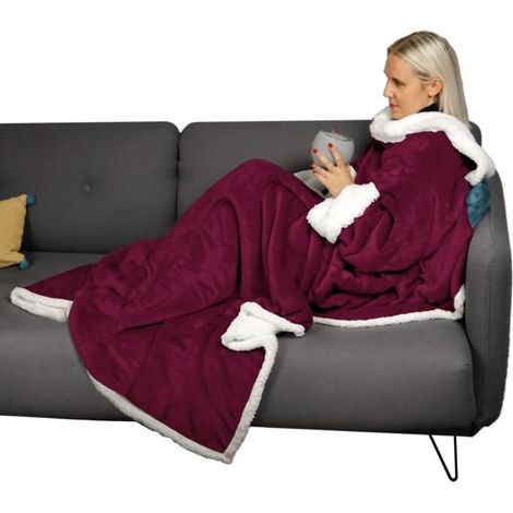 1 pièce Couverture polaire avec manches, double face sherpa/flanelle, plaid adulte 140x210 cm, prune — idéal hiver / canapé / cheminée