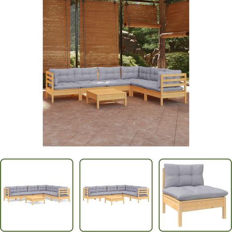 Terrassensofa - 7-tlg. Garten-Lounge-Set mit Grauen Kissen Kiefer Massivholz (1/5)