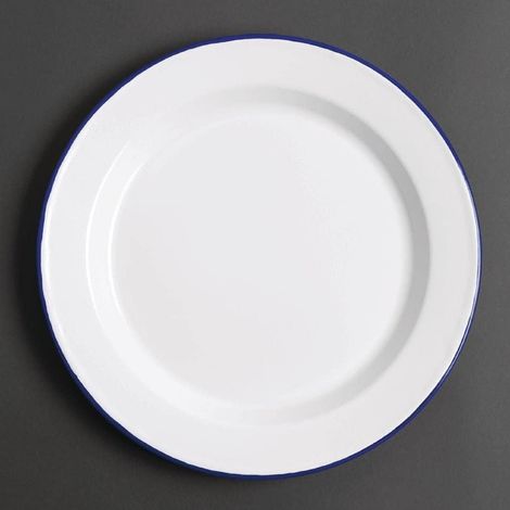 Assiette Plate - Lot de 6 - Acier Émaillé - Four et Lave-vaisselle - Camping et Maison - Blanc Bord Bleu 245 mm (1/5)
