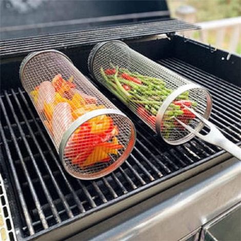 Cesta grande para parrilla con ruedas, de acero inoxidable, antiadherente, para pescado y verduras, picnic, fogata y camping. 2 piezas (20 cm) (1/5)
