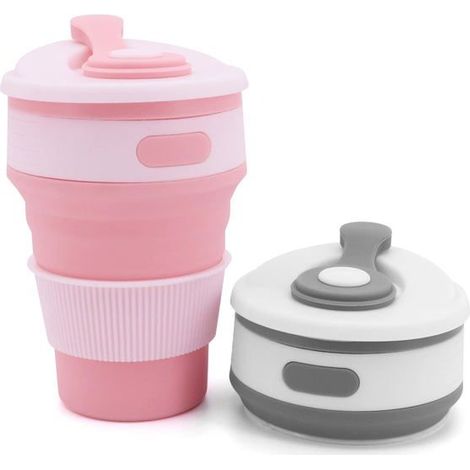 BelleRise - Ensemble de deux tasses de voyage pliables en silicone, bouteilles d'eau réutilisables et portables (rose + gris) (1/4)
