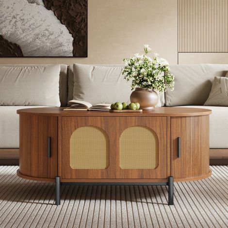 Table basse ovale 100x50x40cm - Portes coulissantes en rotin et pieds métal - Design scandinave avec grand rangement - Noyer (1/5)