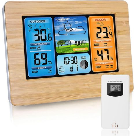 Drahtlose Wetterstation mit Außensensor, Farb-LCD-Bildschirm, digitalem Wecker, eingebautem Barometer, Thermometer-Hygrometer, Wettertrends und Warnmeldungen (Bamboo) (1/5)