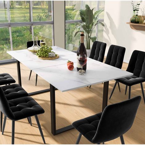 Ausziehbare Esstischgruppe 140/180 x 80 x 75 cm mit 8 Stühlen, weiße MDF-Platte und schwarze Beine (1/5)