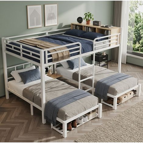 Lit superposé en métal blanc 140x200/90x200 cm avec 3 couchages OKWISH (1/5)