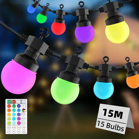 Guirlande Lumineuse Exterieure, 15M RGB Guirlande Guinguette Exterieur avec Télécommande, 15 Ampoules Incassables, Dimmable, Minuterie, IP44 étanche, pour Jardins, Mariage, Bistrots, Maisons