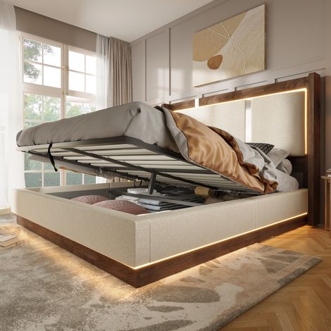 Letto contenitore imbottito per adulti 140x200 cm con illuminazione a LED, meccanismo di sollevamento idraulico, stile retrò, lino beige e legno (1/5)