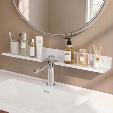 doporro Étagère Blanc de Lavabo Murale, Étagère de Salle de Bain au-Dessus du Robinet, Forme U, Adhésive ou Perçage, Support de Rangement pour Lavabo Cuisine, Reglo-17 (1/5)