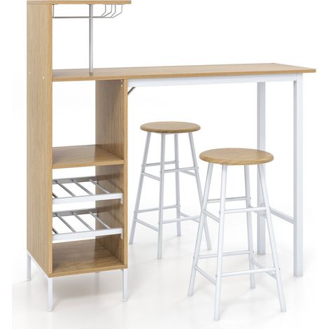 3PCS Bar Table & 2 Stool Industrial Kitchen Dining Set W/ Wine Rack Glass Holder (1/5)