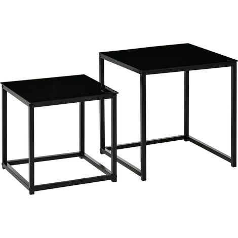 Set 2 Tavolini Moderni Piani in Vetro Temperato Nero (1/5)