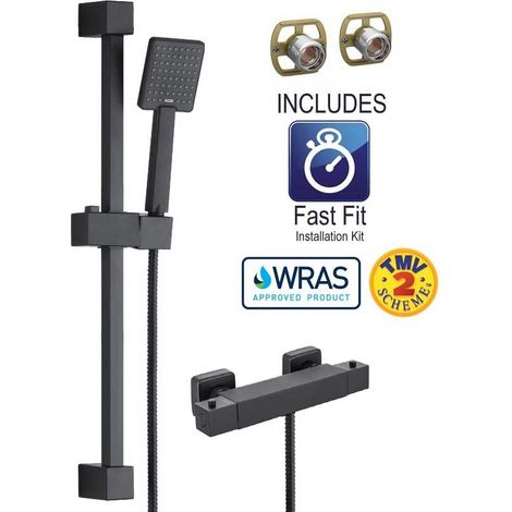 Matt Black Thermostatic Square Bar Mixer Shower Valve + Riser Kit + Fast Fit Kit (1/5)