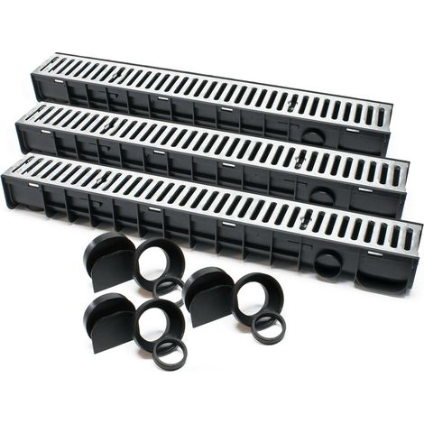 Lot de 3 x 1 m caniveaux grille recouvrement 1,5 tonnes fonte drainage eaux usées évacuation