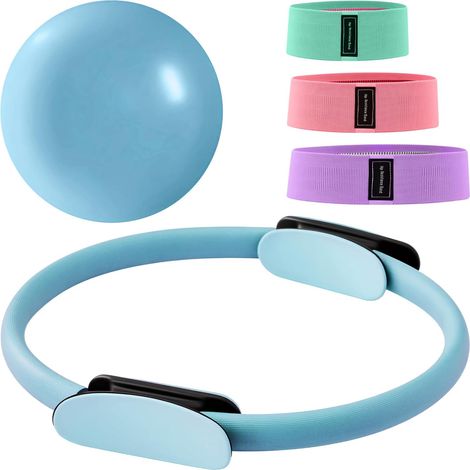 Trintion Pilates Ring Set 14" Premium Magic Circle with Dual Padded Handles, Includes 9" Anti-Burst Mini Ball 3 Resistance Bands (20/30/45 lbs) for Home Gym Pilates Equipment for Home (Blue)