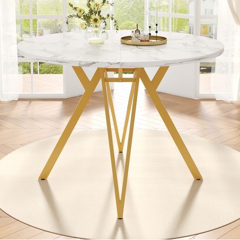Runder Esstisch (100×100×76cm), Küchen-Esstisch, runder Couchtisch für 4 Personen, geeignet für Esszimmer, Wohnzimmer, stilvolle Tischbeine aus Metall, Tischplatte aus MDF-Marmor, Gold (1/5)