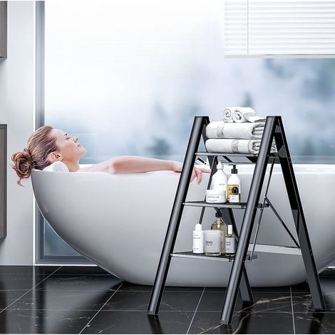 OKWISH Aluminium-Klapptritt mit 3 Stufen, rutschfest, Schwarz, 65 x 45 x 82 cm (1/5)